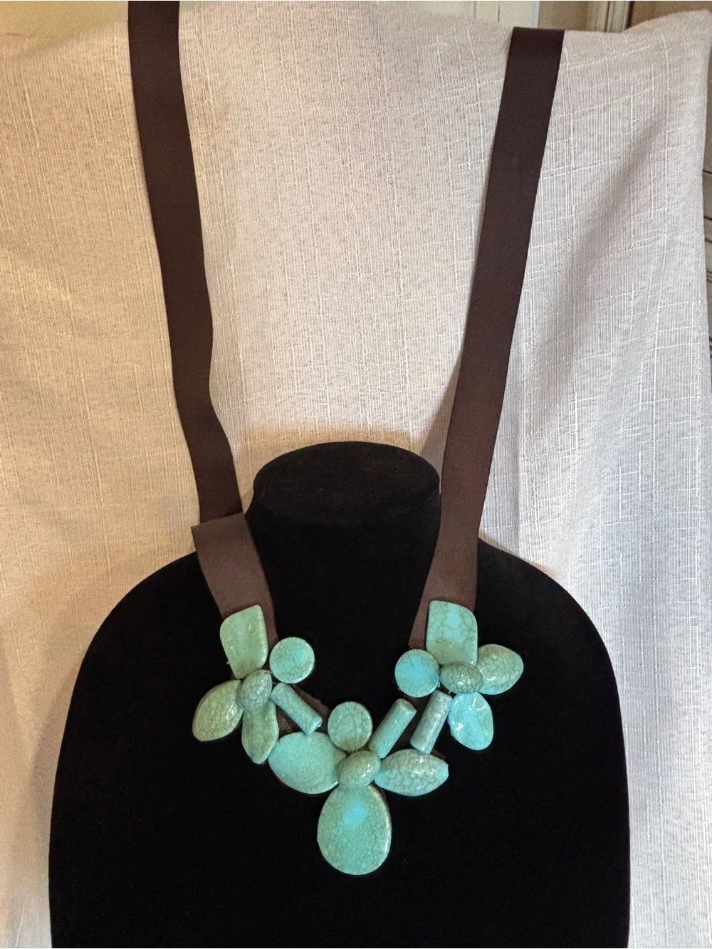 Statement Turquoise Floral Resin Necklace - Brown Ribbon